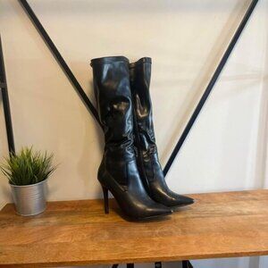 Faux Leather Knee High Black Heeled Boots Size 9
